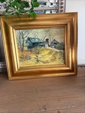 Rustic Barn Landscape oil Painting in Blue and Gold by LAuerbach  on canvas.